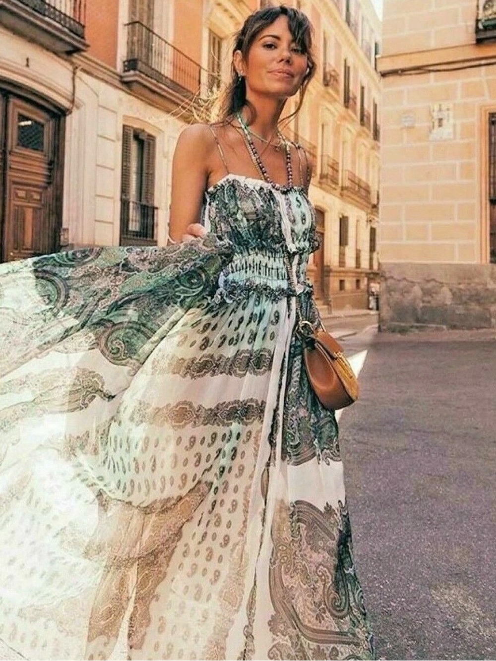 Zara White and Green Paisley Maxi Dress